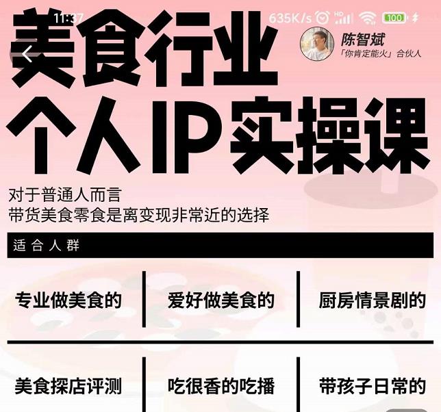 美食行业个人IP实操课，对于普通人而言，带货美食零食是离变现非常近的选择搞钱吧-网创项目资源站-副业项目-创业项目-搞钱项目搞钱吧