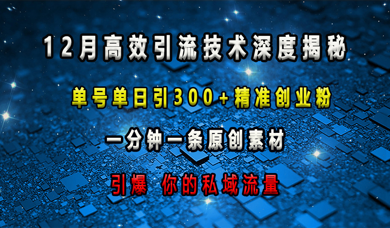 12月高效引流技术深度揭秘 ，单号单日引300+精准创业粉，一分钟一条原创素材，引爆你的私域流量搞钱吧-网创项目资源站-副业项目-创业项目-搞钱项目搞钱吧