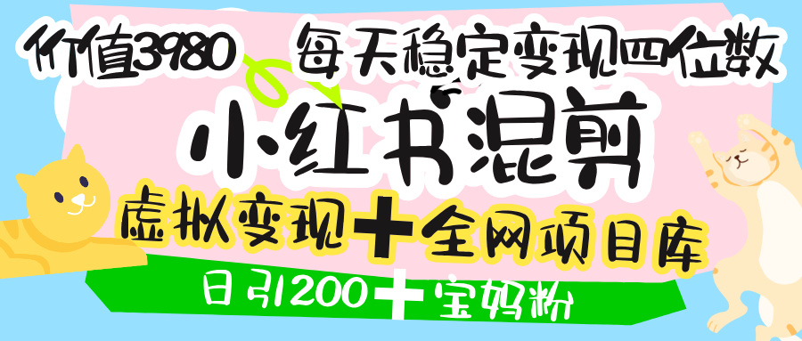 价值3980的小红书混剪， 虚拟变现 ＋全网项目库 ， 日引200+宝妈创业粉，每天稳定四位数变现搞钱吧-网创项目资源站-副业项目-创业项目-搞钱项目搞钱吧