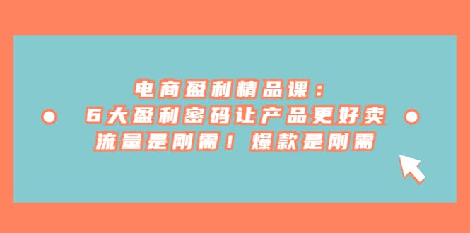 电商 盈利精品课：6大盈利 密码让产品更好卖，流量是刚需！爆款是刚需搞钱吧-网创项目资源站-副业项目-创业项目-搞钱项目搞钱吧