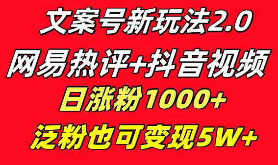 文案号新玩法 网易热评+抖音文案 一天涨粉1000+ 多种变现模式 泛粉也可变现搞钱吧-网创项目资源站-副业项目-创业项目-搞钱项目搞钱吧