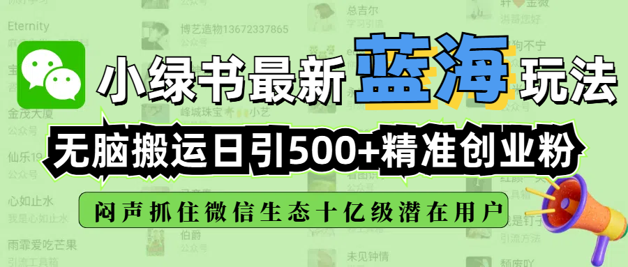 小绿书最新蓝海玩法，无脑搬运日引500+精准创业粉，闷声抓住微信生态十亿级潜在用户搞钱吧-网创项目资源站-副业项目-创业项目-搞钱项目搞钱吧