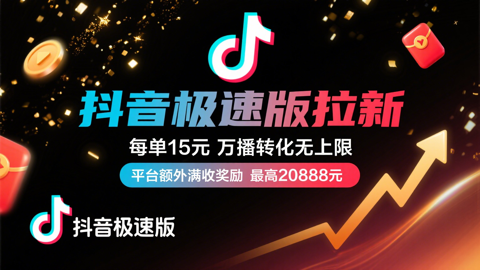 抖音极速版放福利，每单15元，万播转化无上限，平台额外满收奖励，最高可领20888元搞钱吧-网创项目资源站-副业项目-创业项目-搞钱项目搞钱吧