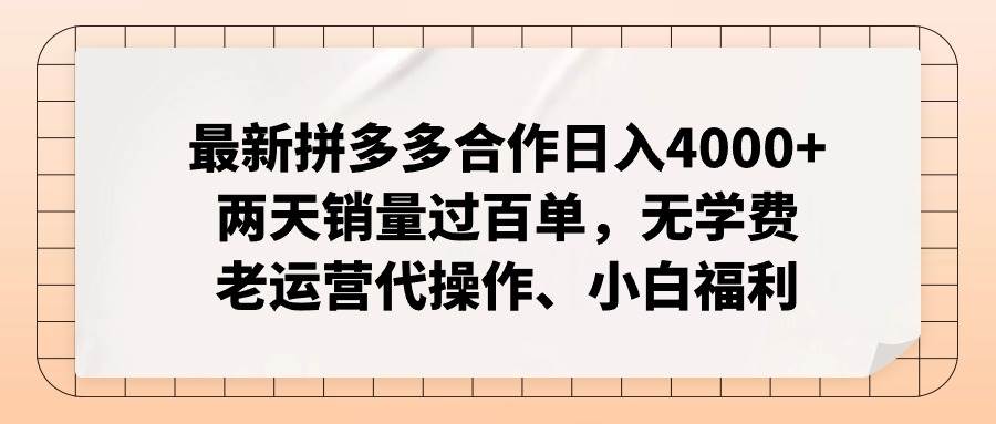 最新拼多多合作日入4000+两天销量过百单，无学费、老运营代操作、小白福利搞钱吧-网创项目资源站-副业项目-创业项目-搞钱项目搞钱吧