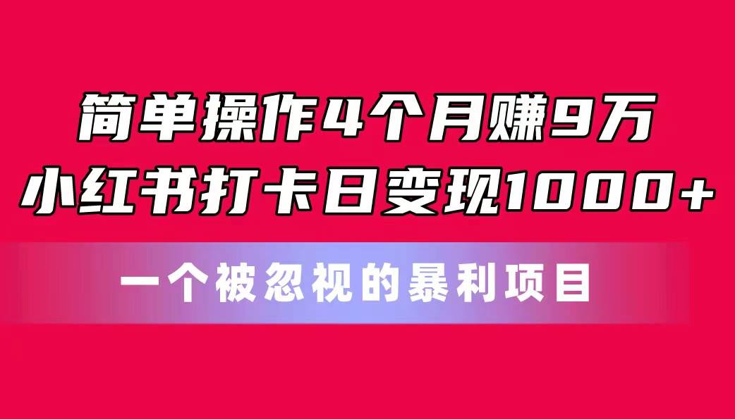 简单操作4个月赚9万！小红书打卡日变现1000+！一个被忽视的暴力项目搞钱吧-网创项目资源站-副业项目-创业项目-搞钱项目搞钱吧