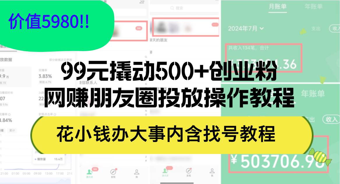 99元撬动500+创业粉，网赚朋友圈投放操作教程价值5980！花小钱办大事内…搞钱吧-网创项目资源站-副业项目-创业项目-搞钱项目搞钱吧