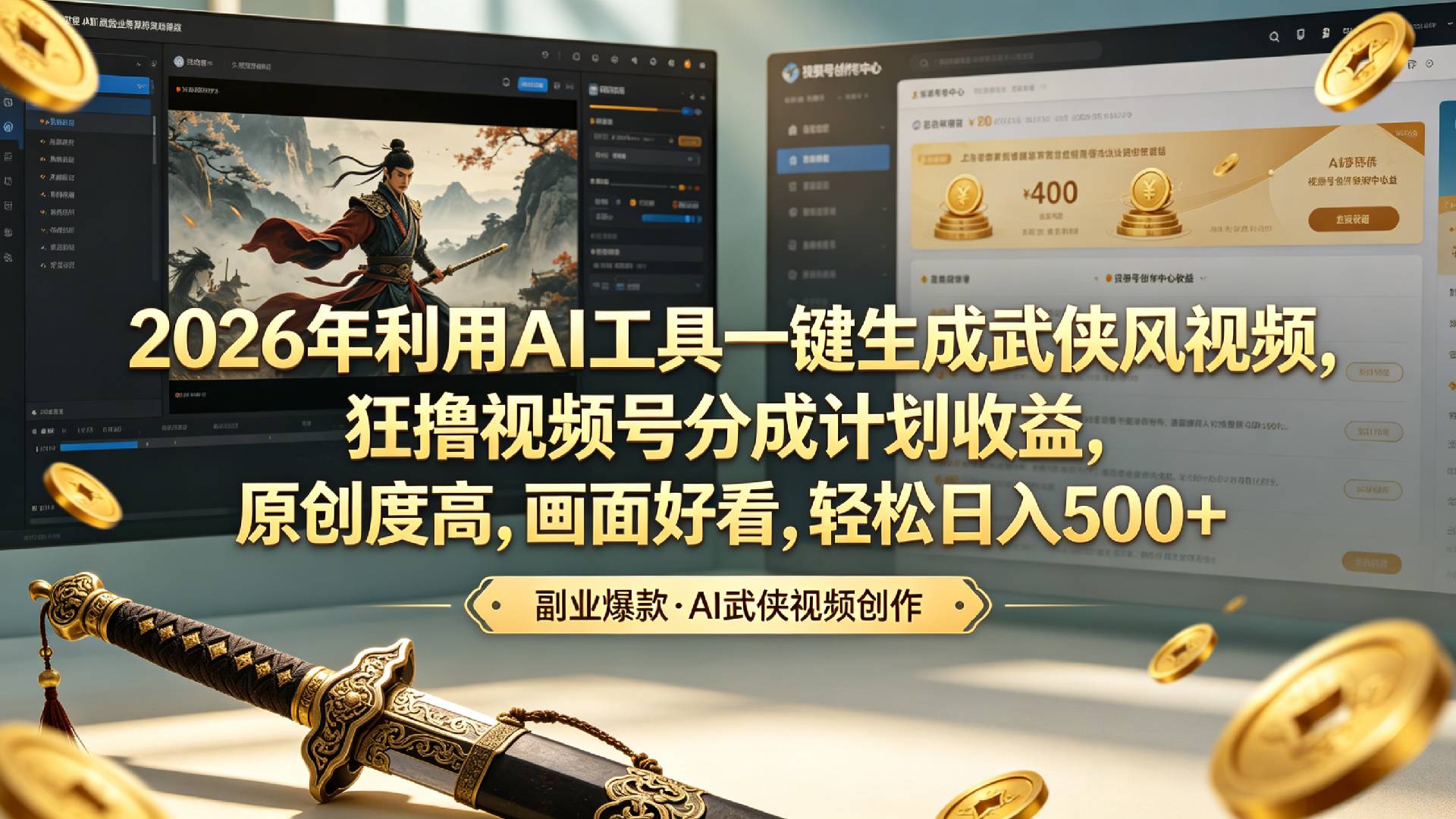 2026年利用AI工具一键生成武侠风视频,狂撸视频号分成计划收益,原创度高,画面好看,轻松日入500+搞钱吧-网创项目资源站-副业项目-创业项目-搞钱项目搞钱吧